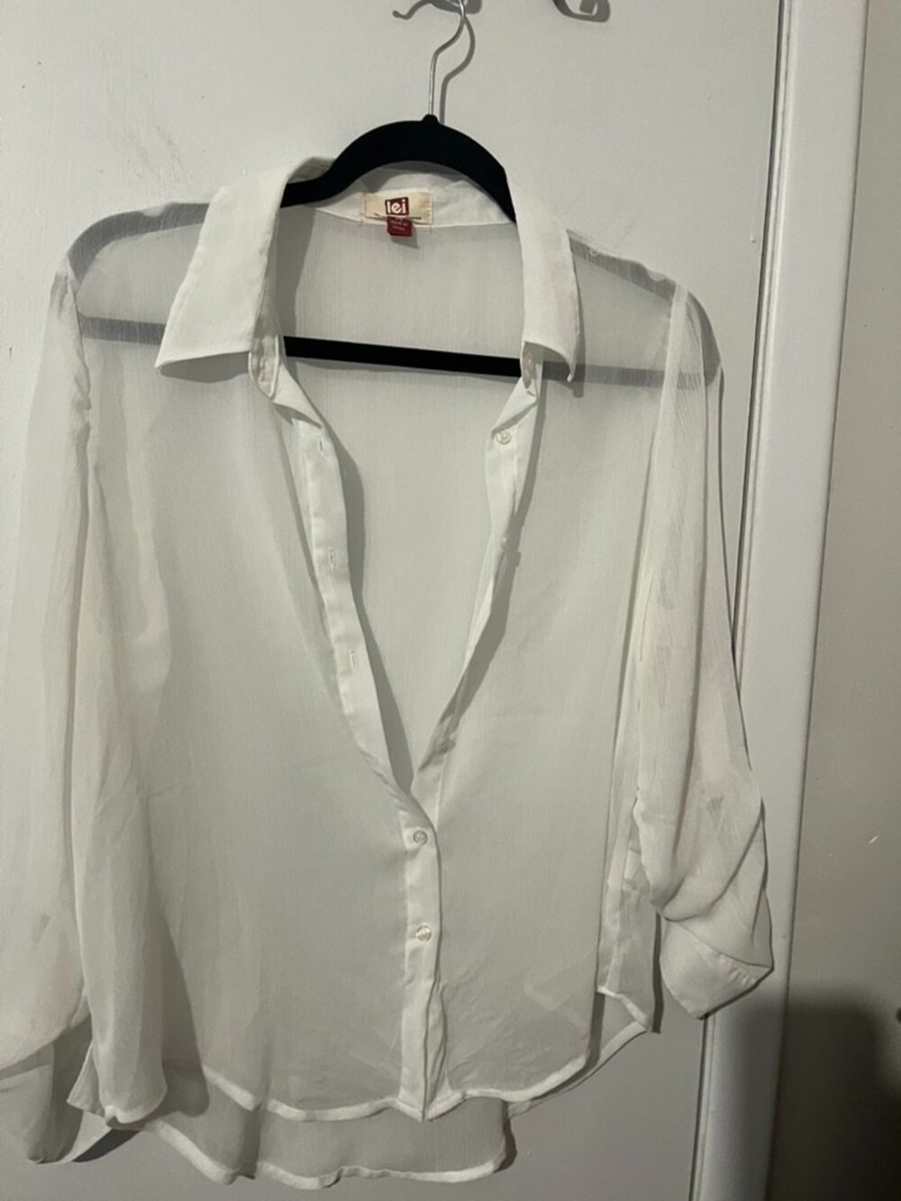 L.E.I White Sheer Blouse Long Sleeves SZ M